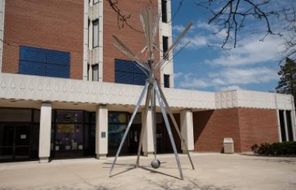 John Clague’s Auriculum sculpture in front of the library 