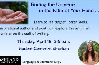 Flier for writing seminar: Find the Universe in the Palm of Your Hand, April 18, 5-6 p.m., Student Center Auditorium
