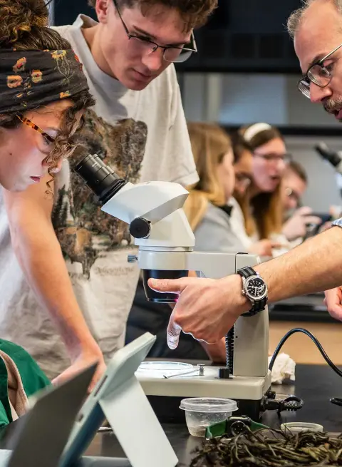Students using microscope in lab
