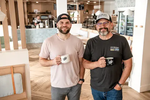 Pete Cooper '15 and Doug Cooper '85, the co-owners of Goldberry Roasting Co.
