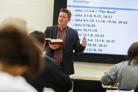 AU Chaplain teaching a class at Waynesburg University