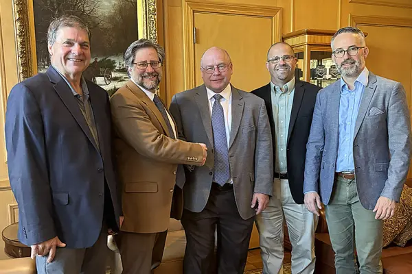 Dan Fox, Jon Parrish Peede, Bill Miller, Lance Kaltenbaugh and Greg McBrayer pose in the AU Office of the President