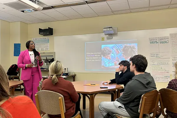 Dr. Tiffany Tynes-Curry of Columbus City Schools leads a discussion in Terri Jewett's class