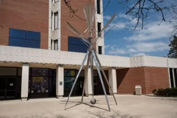 John Clague’s Auriculum sculpture in front of the library 