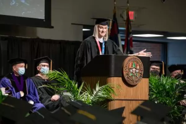 Katie Nageotte speaks at graduation