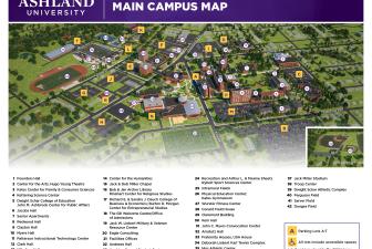 Color map of Ashland University main campus with building locations