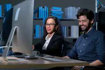Business man and woman working at a computer