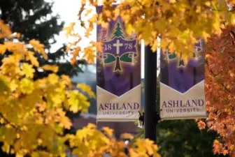 Light pole banners with the Ashland University seal surrounded by trees with fall foliage