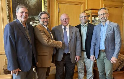 Dan Fox, Jon Parrish Peede, Bill Miller, Lance Kaltenbaugh and Greg McBrayer pose in the AU Office of the President