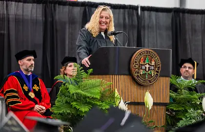 The Honorable Mary Anne Carter speaks during the 2026 AU commencement ceremony