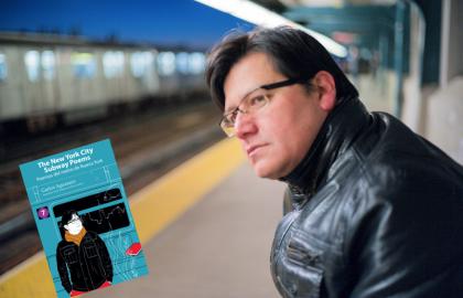 Carlos Aguasaco with book called The New York City Subway Poems