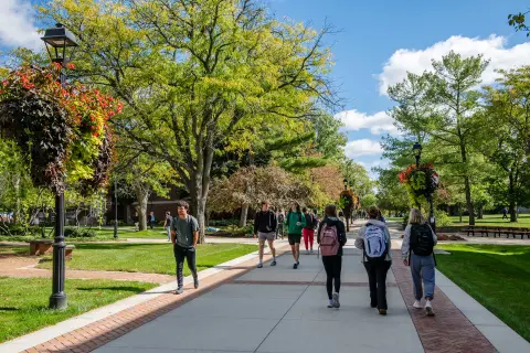 Students walking across campus