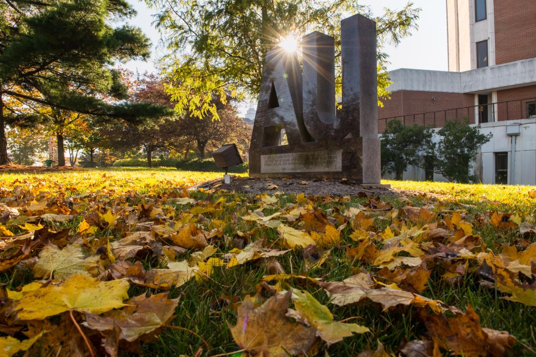 AU Monument in the fall leaves