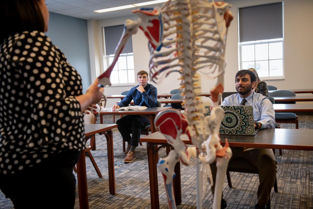 Physician Assistant students in classroom as instructor shows human skeleton