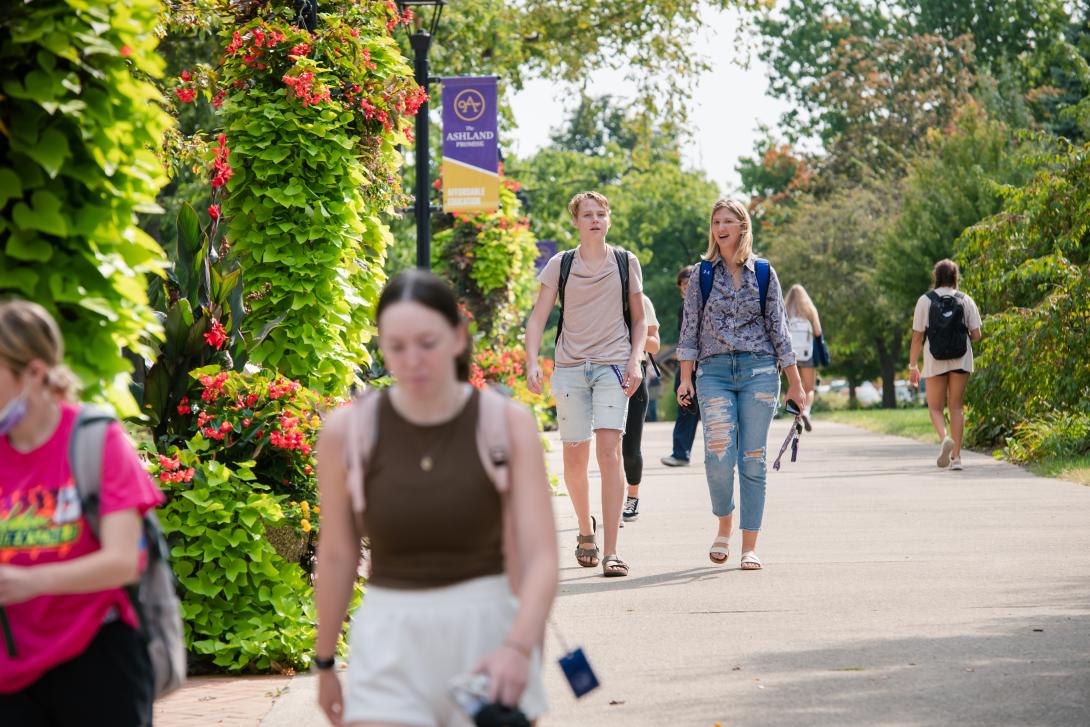 Students walking on the Avenue of Eagles