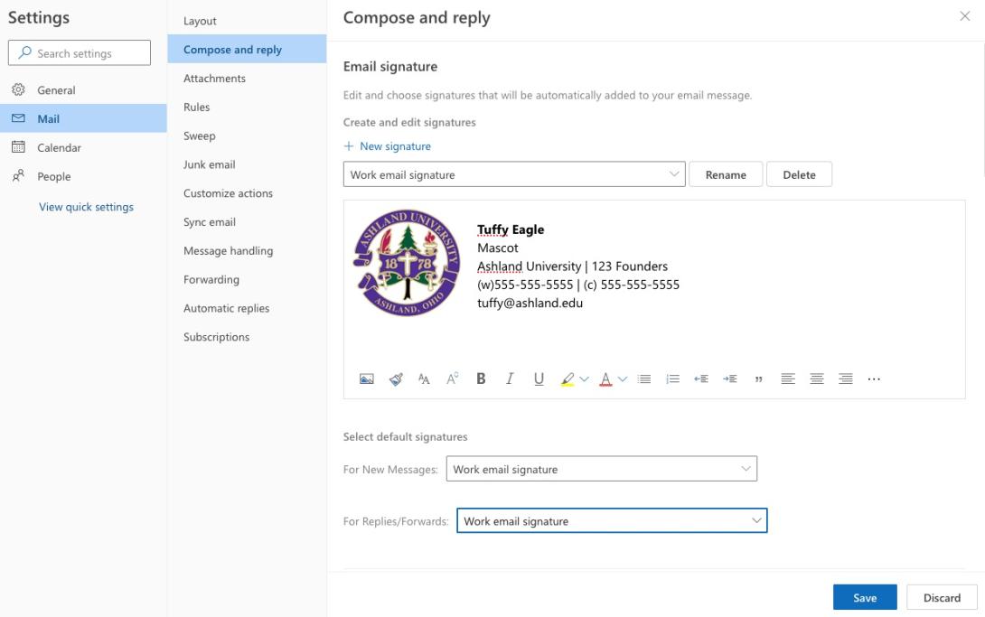 Email signature settings in Outlook