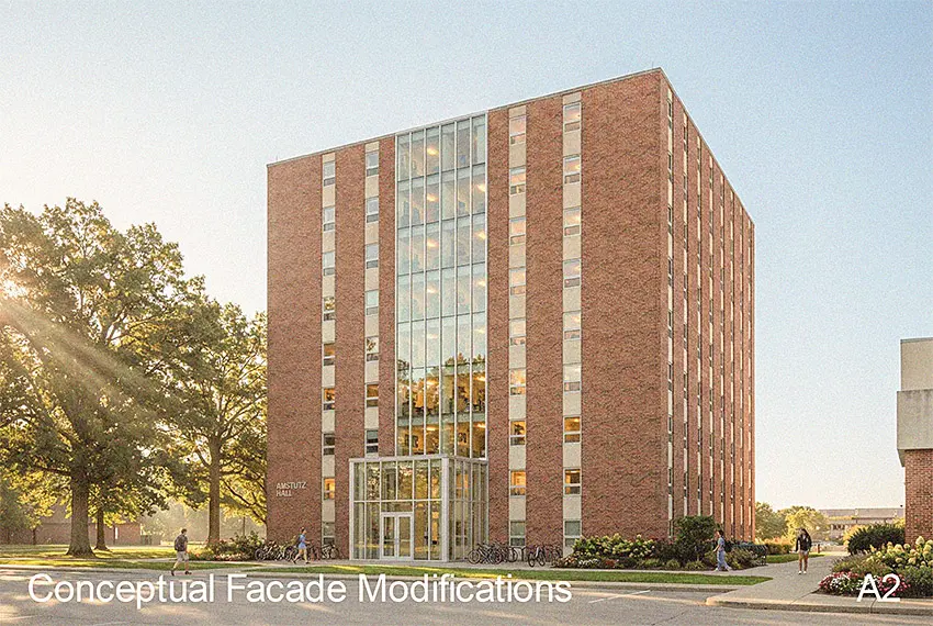 Artist rendering of the renovated exterior of Amstutz Hall