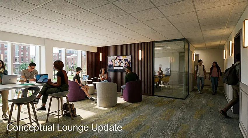 Artist rendering of a new lounge in Amstutz Hall