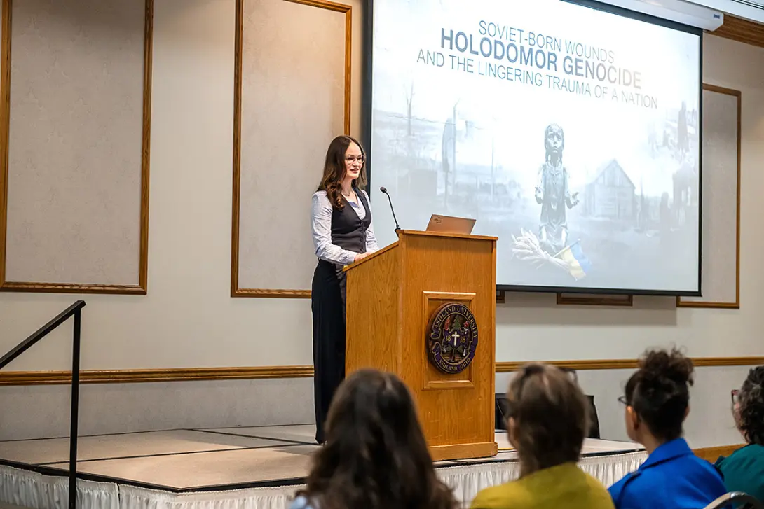 Oleksandra Bibik presenting during the 2026 URCA Symposium