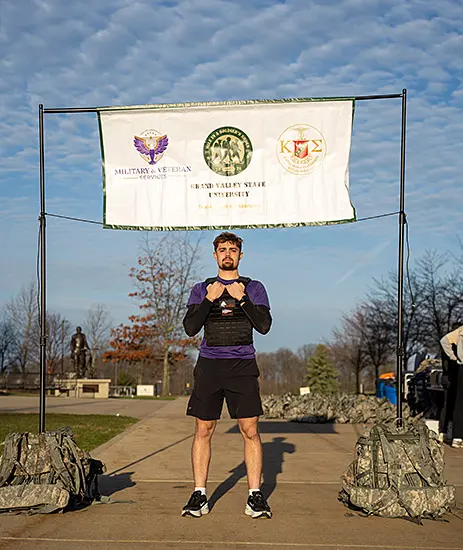 Kayin McDonald getting ready for a ruck march at Grand Valley State