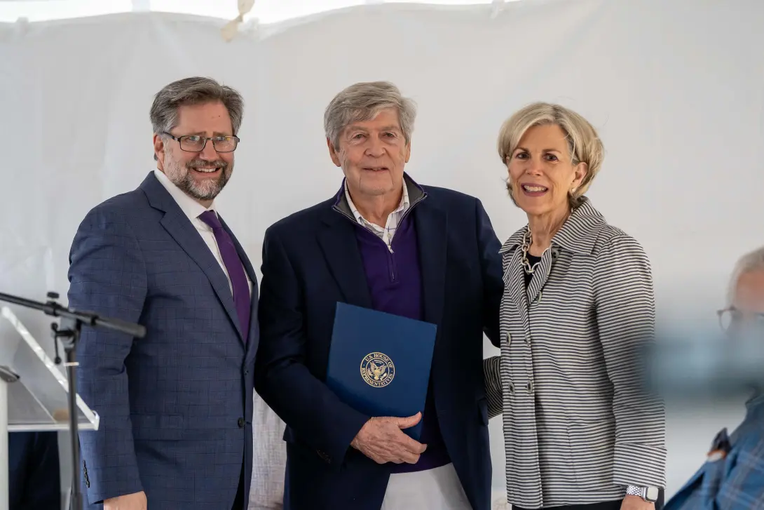 President Jon Parrish Peede, Dwight Schar and Martha Schar pose for a photo during the Schar Plaza dedication